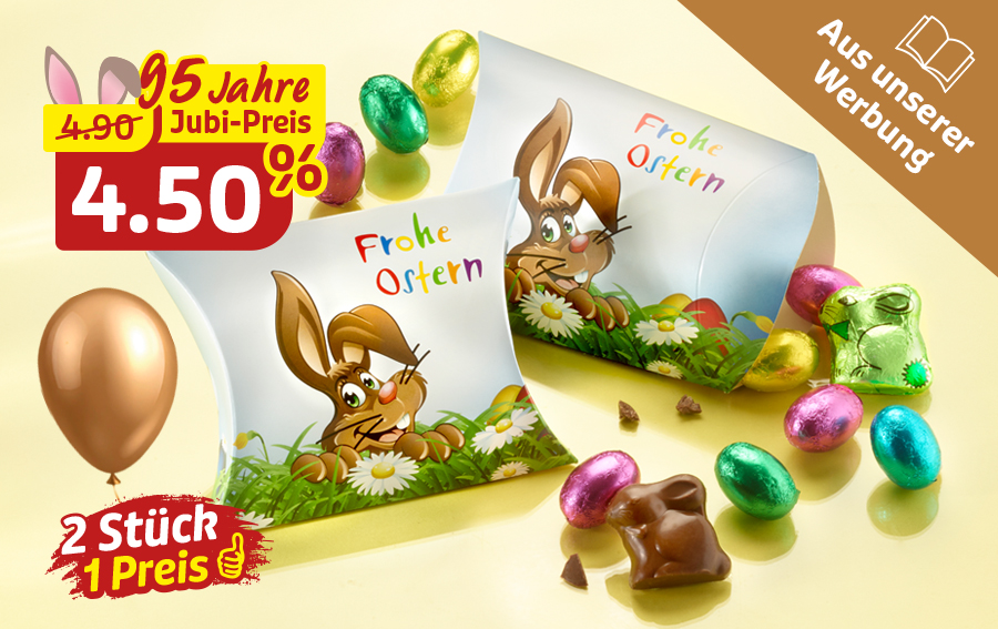 Osterkissenbox mit Schokolade und bunten Eiern, 2 für 1