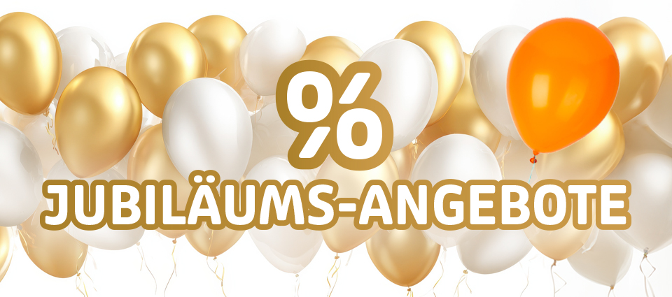 Goldene und weiße Ballons mit Schriftzug Jubiläums-Angebote