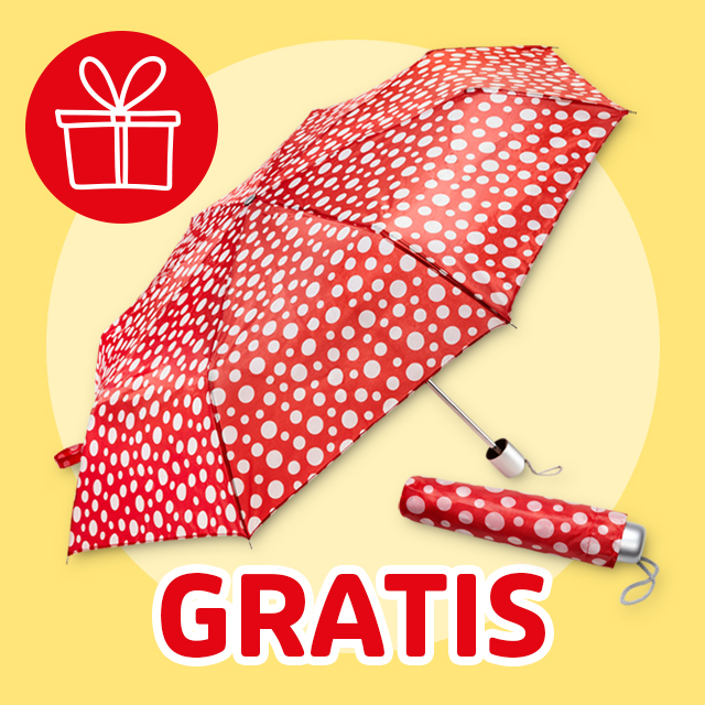 Gratis roter Regenschirm mit weißen Punkten als Aktionsgeschenk