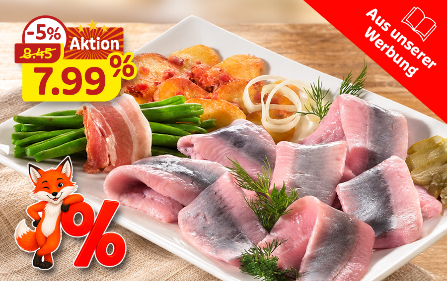 Matjesfilets mit Kartoffeln, Bohnen und Zwiebeln zum Aktionspreis 7,99 Euro