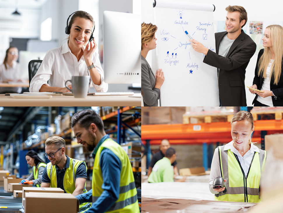 Drei Szenen aus dem Berufsalltag: Kundenservice, Teammeeting und Lagerarbeit.