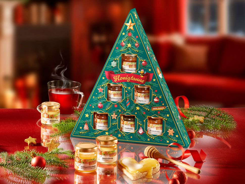 Honigtanne Geschenkset mit festlicher Weihnachtsdekoration
