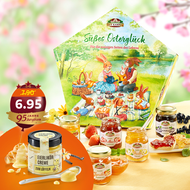 Ostergeschenke mit Likörcreme, Honig und Marmeladen im Frühlingsmotiv