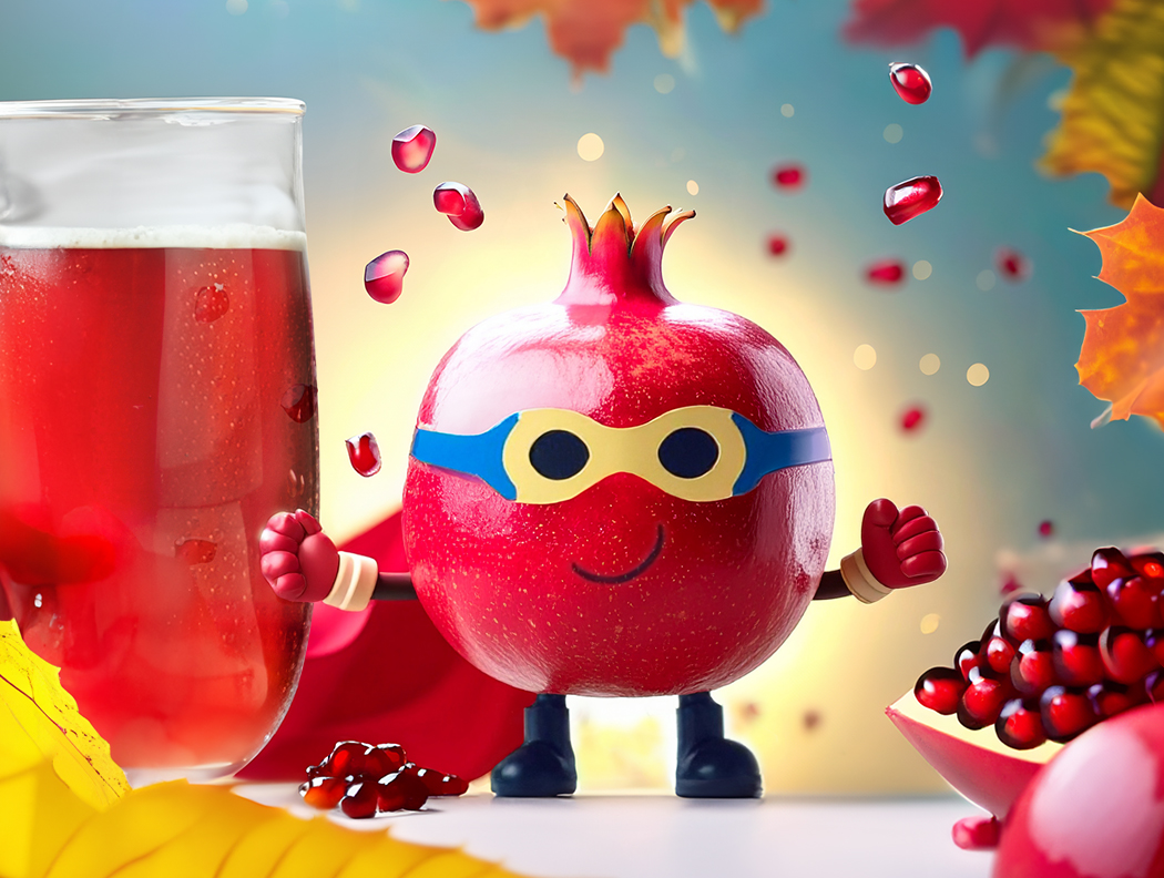 Fröhlicher Granatapfel-Superheld mit Saftglas