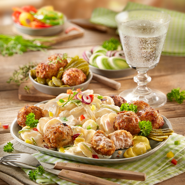 Servierte Klopse mit Sauce, Jubiläumsangebot und Text ›Feinste Köstlichkeiten‹.