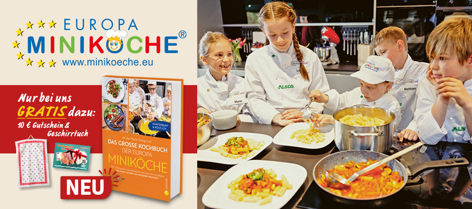 Europa Miniköche beim Kochen mit Kochbuch, Gutschein und Geschirrtuch