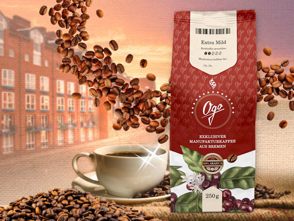 Ogo Kaffee-Packung mit Tasse, Kaffeebohnen und Stadt im Hintergrund