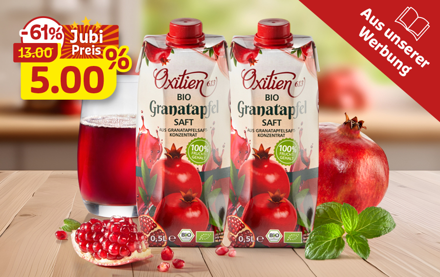 Zwei Packungen Bio-Granatapfelsaft, Jubiläumspreis 5 Euro