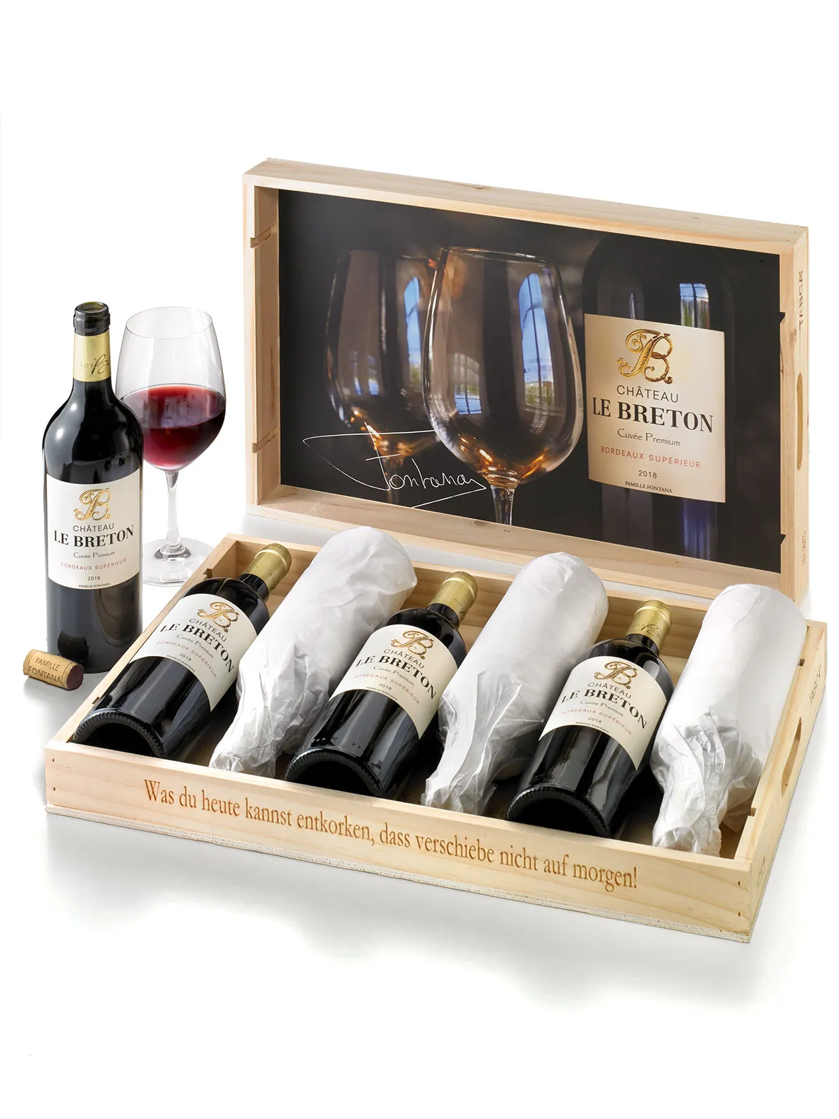 Château Le Breton, Weinpräsent in Holzkiste, Cuvée Premium Bordeaux Supérieur 2018 