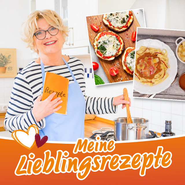 Verschiedene Gerichte und Saskia Vester mit Rezeptbuch in Küche