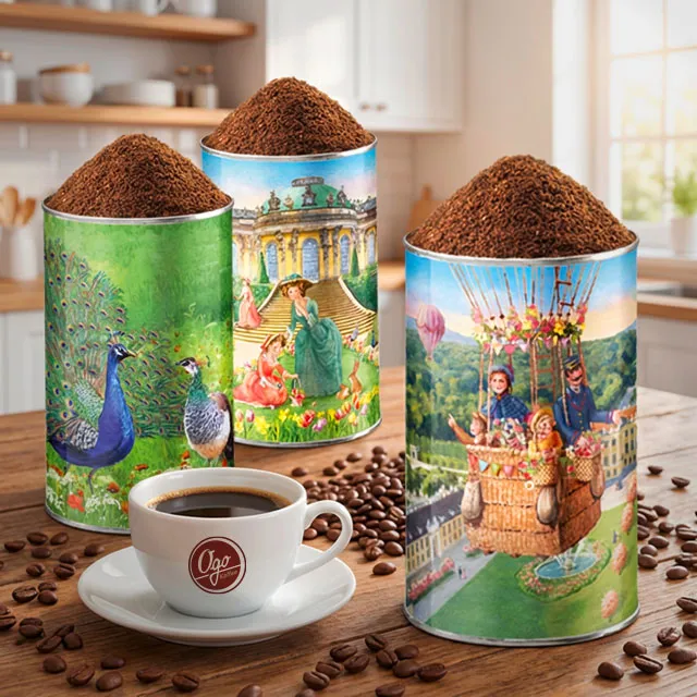 Bunte Ogo Künstlerdosen mit gemahlenem Kaffee
