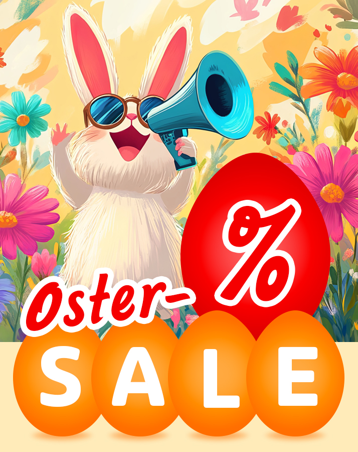 Osterhase mit Megaphon und buntem Hintergrund mit Bliumen