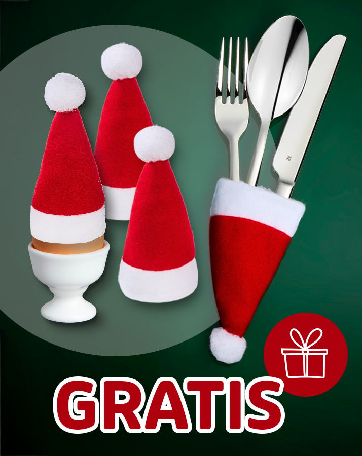 Weihnachtliche Mini-Mützen für Eier und Besteck als kostenlose Zugabe