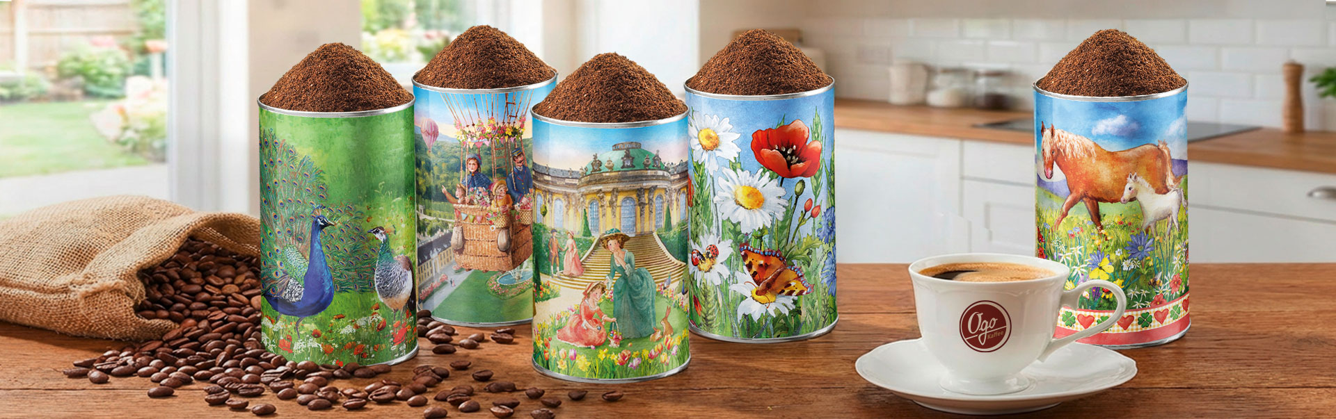Bunte Ogo Künstlerdosen mit gemahlenem Kaffee