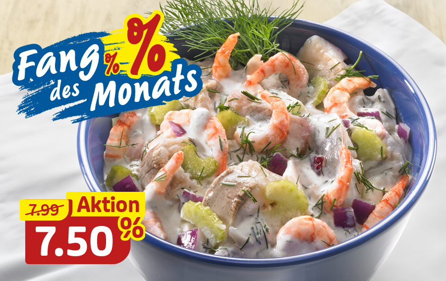 Fang des Monats: Meeres-Salat mit Garnelen, Fisch und Gemüse in einer Schale