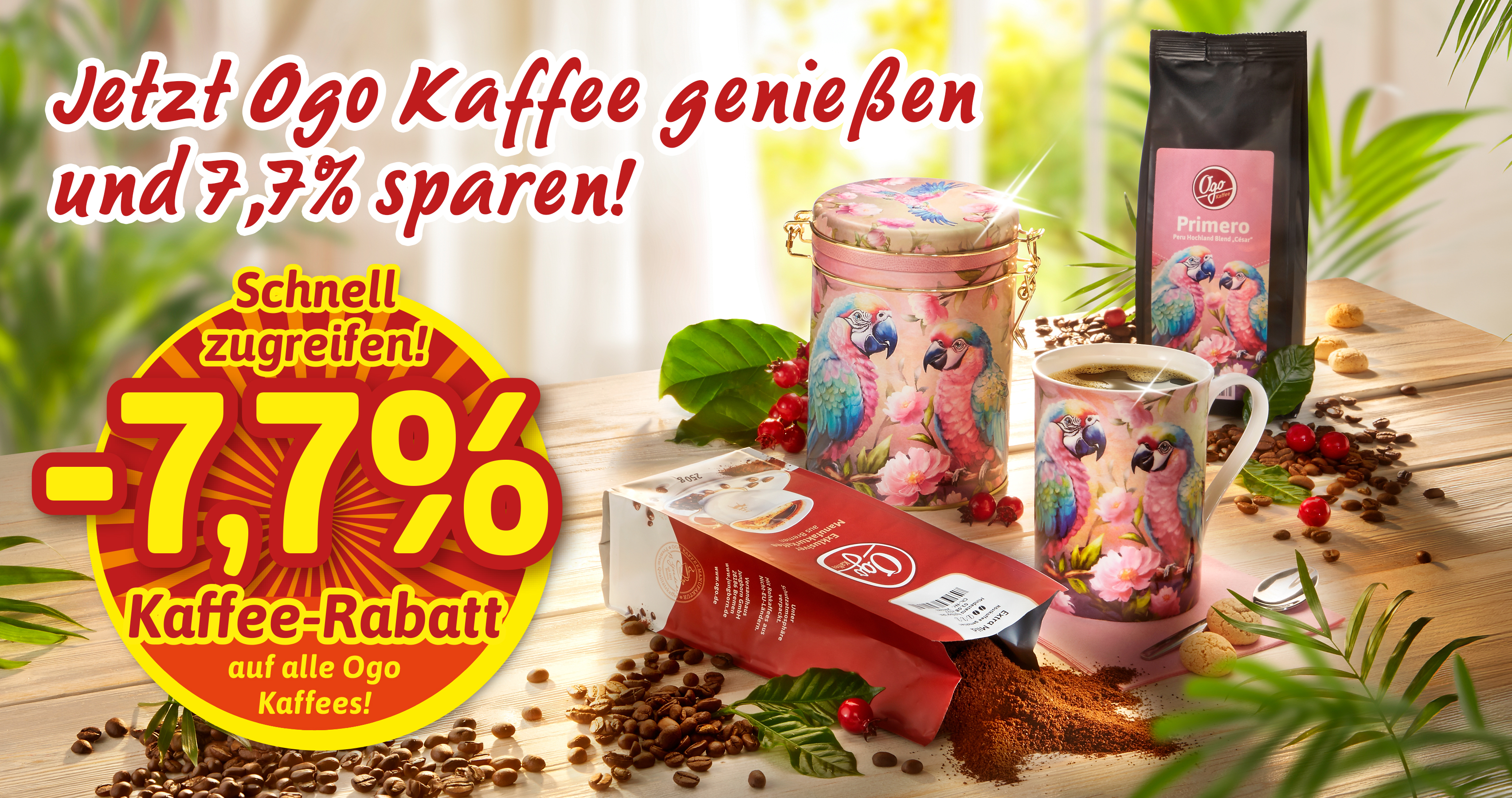 Ogo Kaffee mit Papageien-Design und 7,7 % Rabatt