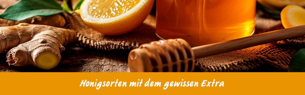 Honigglas mit Honiglöffel, Ingwer und Zitrone auf rustikalem Untergrund.