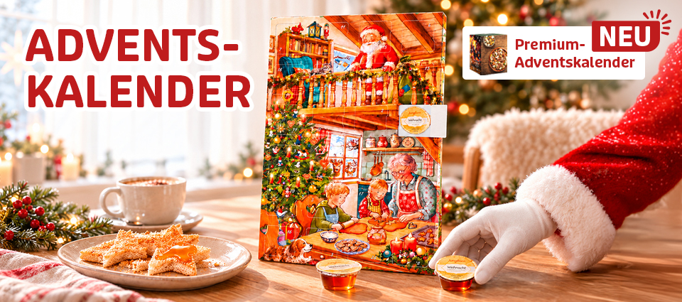 Premium-Adventskalender mit Weihnachtsmotiv, Gebäck und Honig
