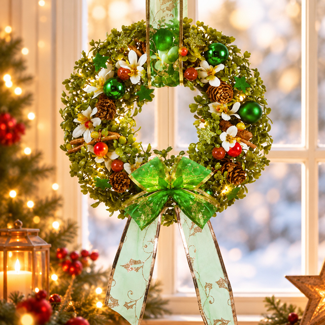 Weihnachtskranz mit grünen Kugeln, Zapfen, Blüten und großer Schleife