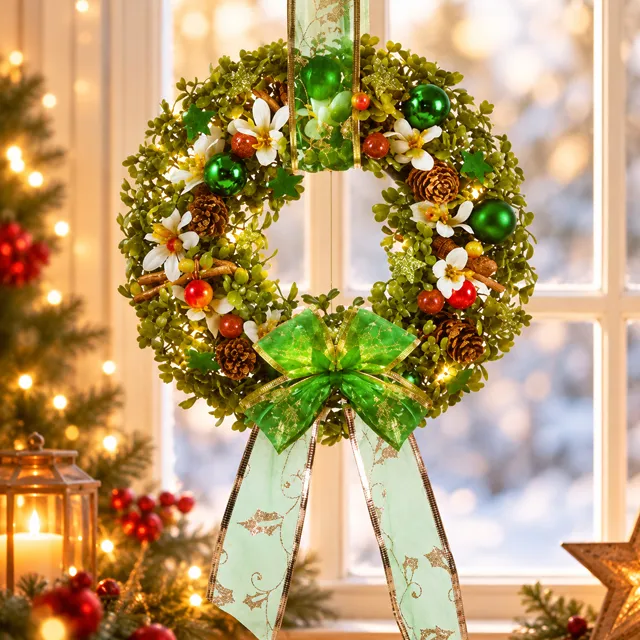 Weihnachtskranz mit grünen Kugeln, Zapfen, Blüten und großer Schleife