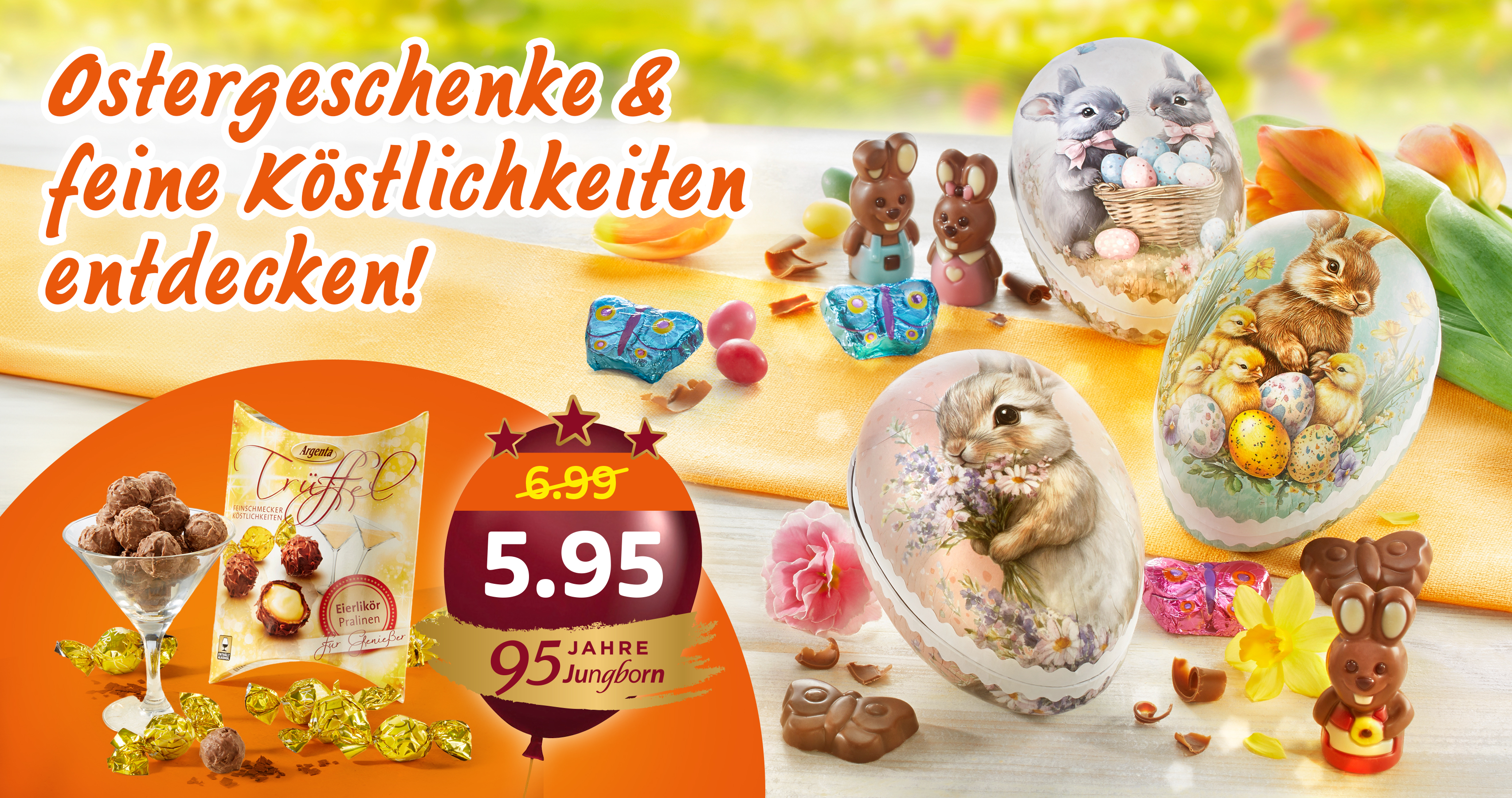 Ostergeschenke mit Schoko-Pralinen und dekorativen Ostereiern im Angebot