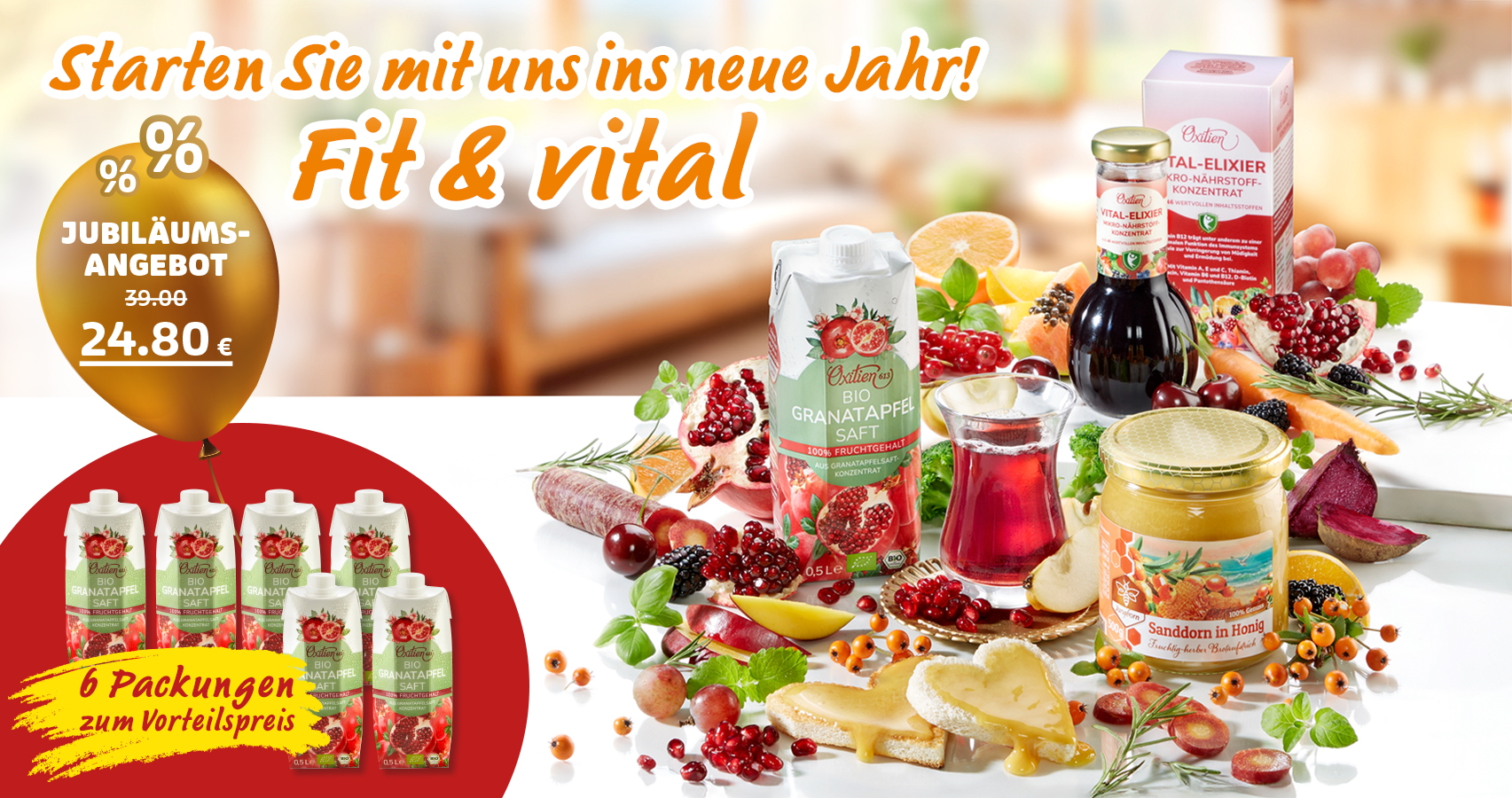 Produktsortiment mit Säften, Honig und Schriftzug „Fit & vital ins neue Jahr“