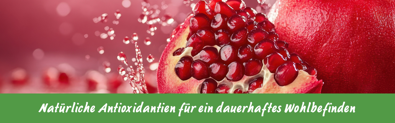 Aufgeschnittener Granatapfel mit leuchtend roten Kernen und Wassertropfen.