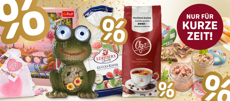 Jubiläumsangebote mit Geschenkideen, Kaffee und Feinkost