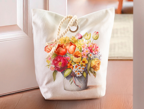 Türstopper mit buntem Blumenmotiv und dekorativen Tragegriffen