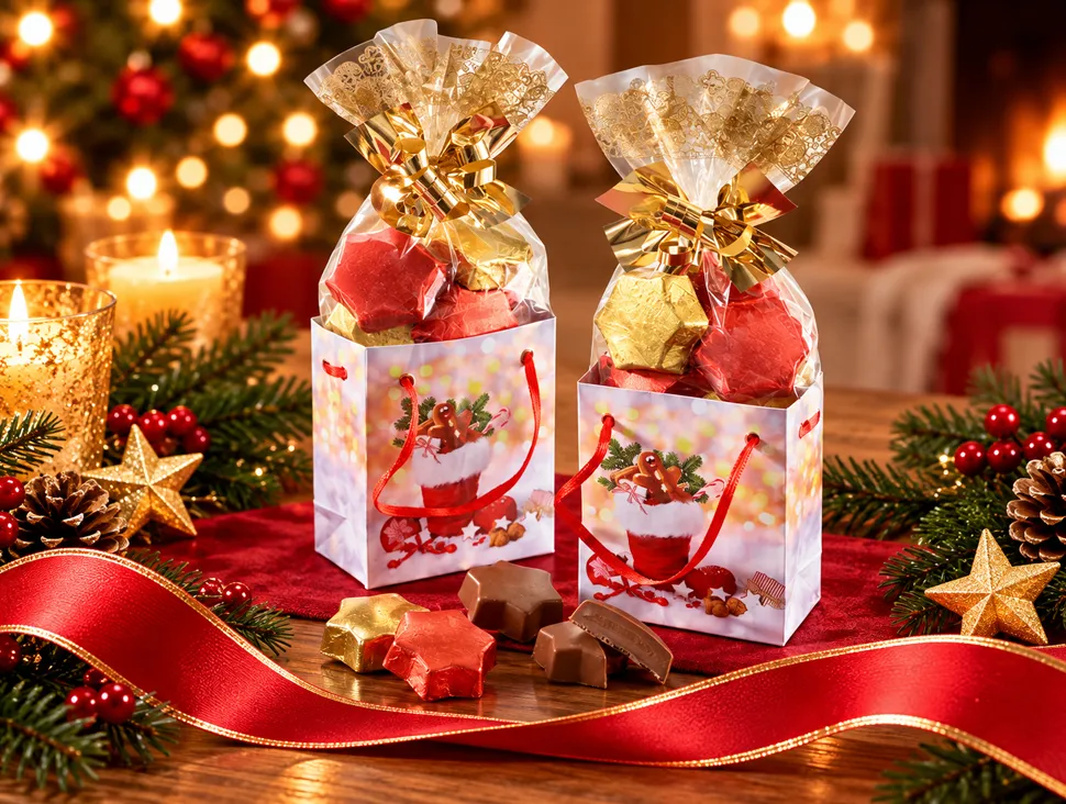 Weihnachtliche Geschenkbeutel mit goldverpackten Toffees und roten Schleifen
