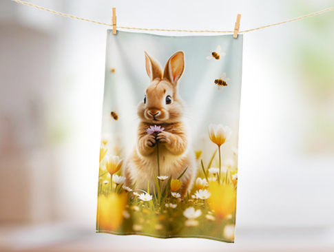 Oster-Handtuch mit Hasenmotiv und Blumenwiese