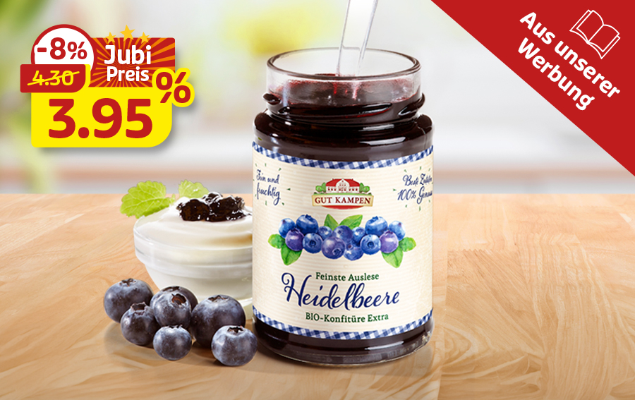 Bio-Heidelbeer-Konfitüre mit Beeren, Jubiläumspreis 3,95 Euro