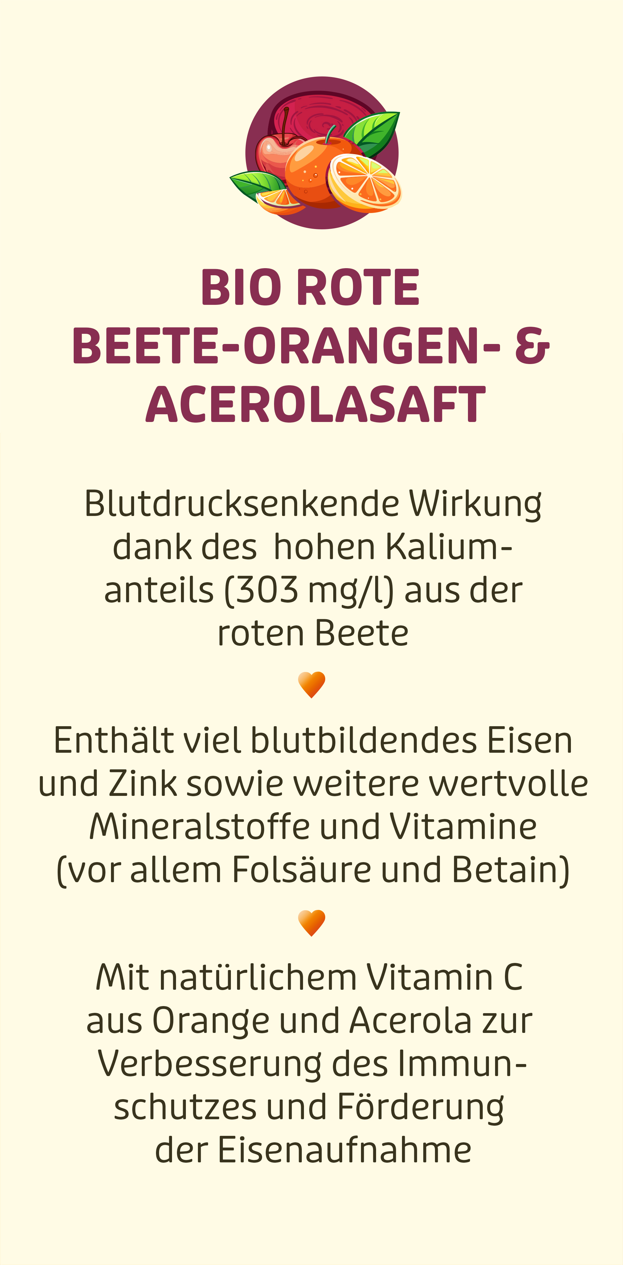 Infografik mit Gesundheitsvorteilen von Bio Rote Beete-Orangen-Acerolasaft.
