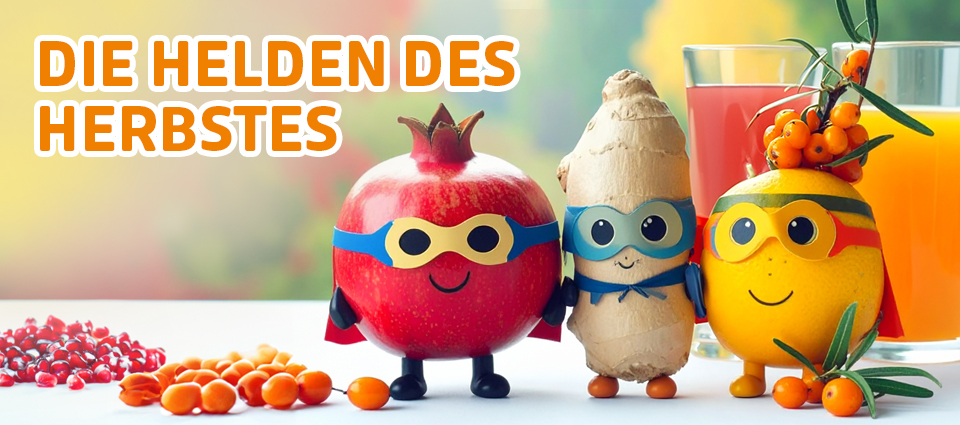 Granatapfel, Ingwer und Orange als lustige Herbsthelden