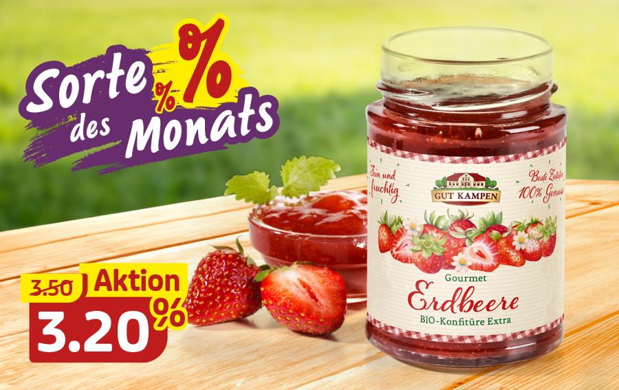 Bio-Erdbeerkonfitüre im Glas mit frischen Erdbeeren, Angebot des Monats.