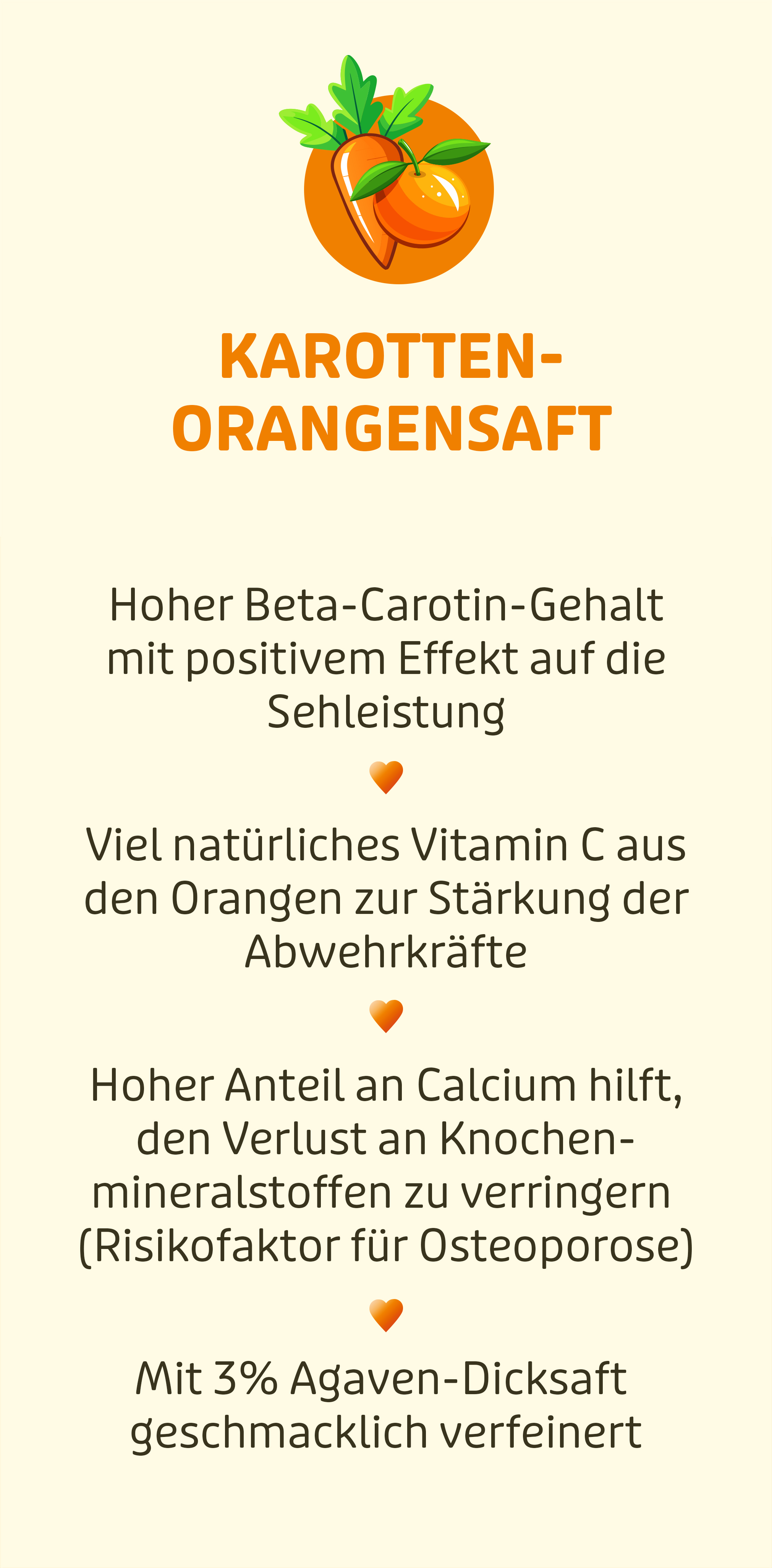 Infografik mit Vorteilen von Karotten-Orangensaft für die Gesundheit.