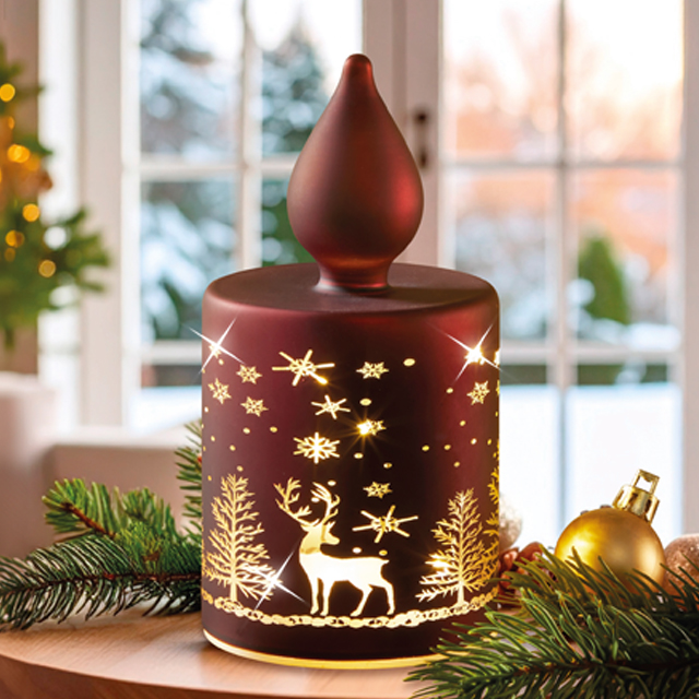 Leuchtende Weihnachtsdekoration mit Hirschmotiv und Tannenzweigen