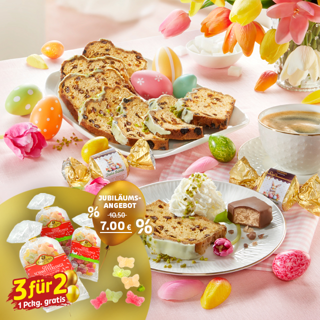 Osteraktion mit Kuchen, Süßigkeiten und 3-für-2-Angebot zum Jubiläum