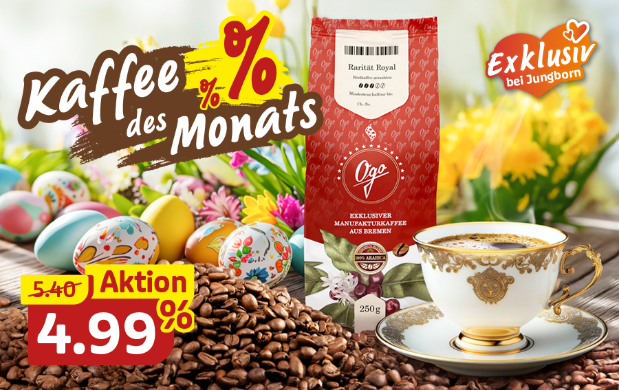 Edler Manufakturkaffee mit verzierter Tasse, umgeben von Ostereiern und Blumen.