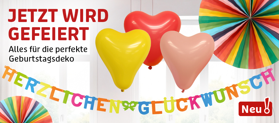 Bunte Geburtstagsdeko mit Herzballons und Girlande