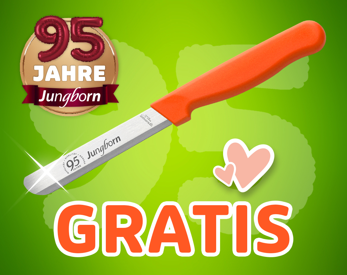 Küchenmesser mit orangefarbenem Griff als Gratiszugabe