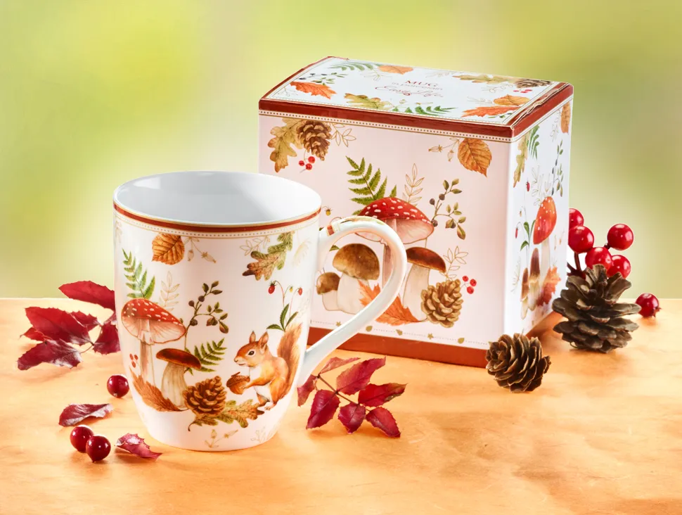 Herbstliche Tasse mit Eichhörnchen und Pilzen in dekorativer Geschenkbox