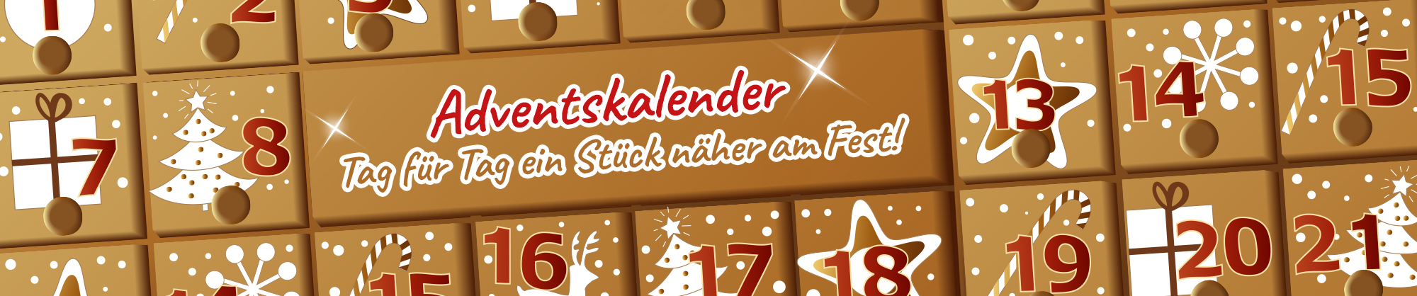 Adventskalender mit goldenen Türchen und festlichen Motiven