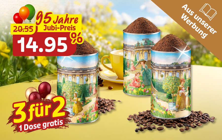 Kaffee im Jubiläumsangebot 3 für 2 mit einer Dose gratis