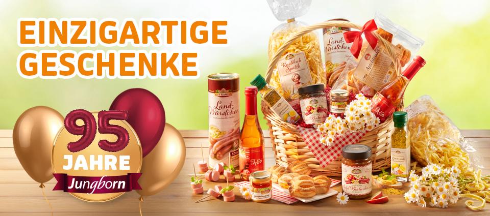Geschenkkorb mit Spezialitäten und 95 Jahre Jungborn Motiv