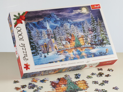 Weihnachts-Puzzle mit Winterlandschaft und verschneiten Häusern, 1000 Teile