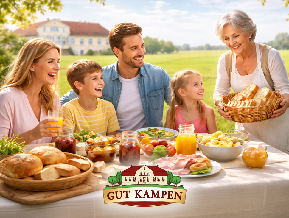 Familie genießt Frühstück im Grünen mit Brot und Säften