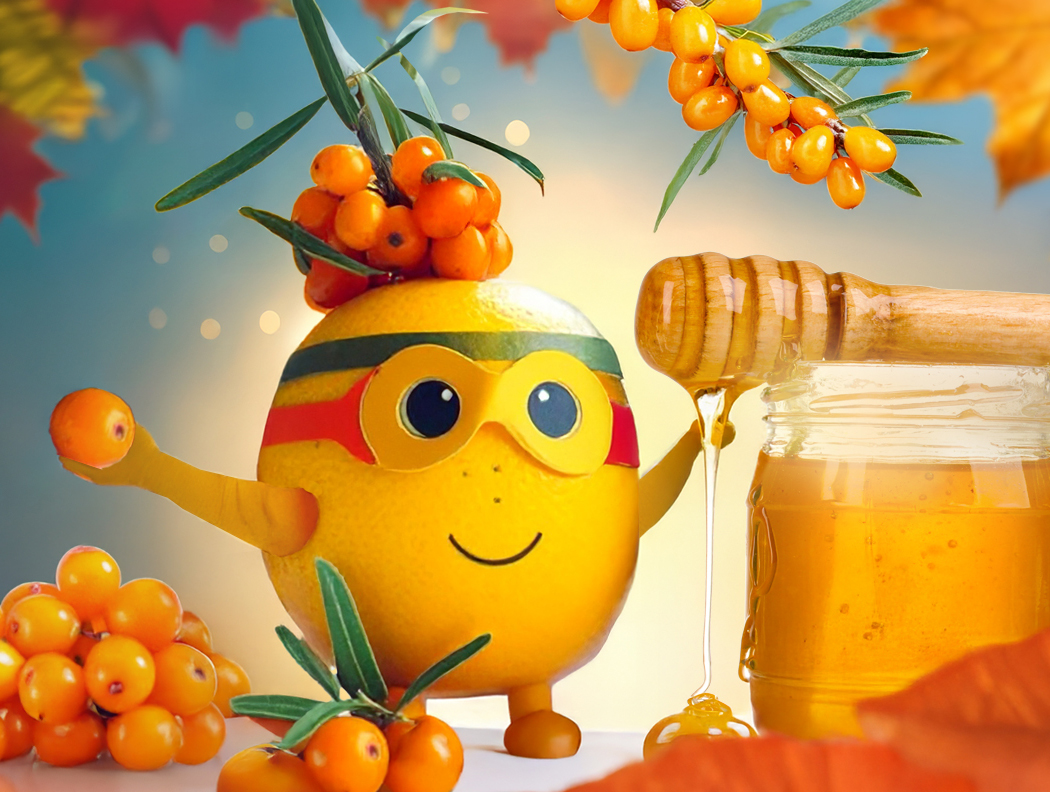 Sanddorn-Superheld mit Honigglas und Beeren