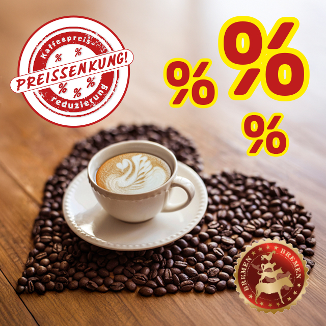 Kaffeetasse auf Bohnen mit Hinweis auf reduzierte Kaffeepreise