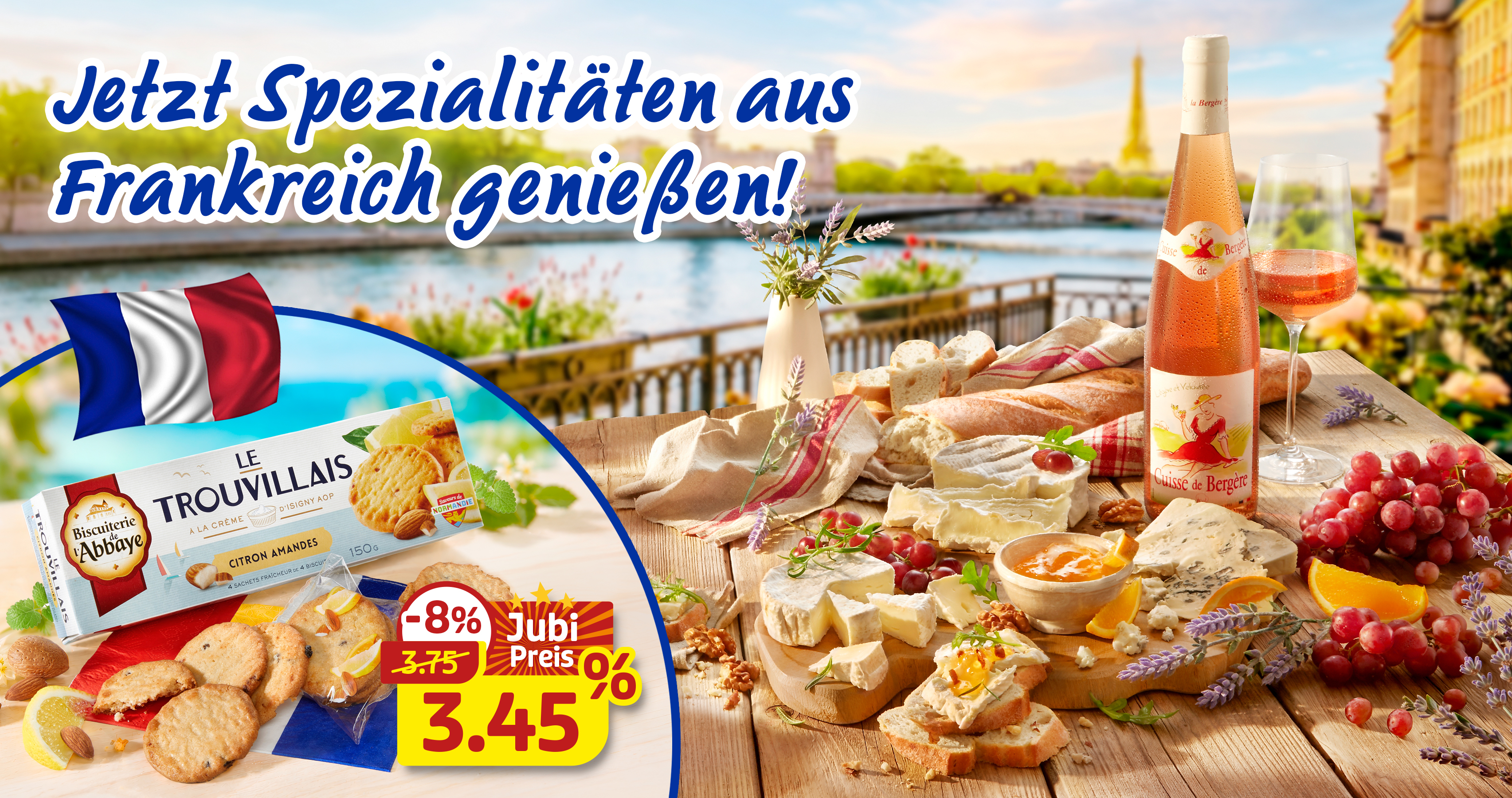 Französische Spezialitäten mit Käse, Roséwein und Mandelgebäck